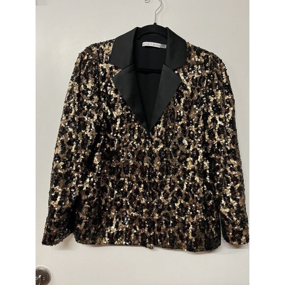 Alice Olivia Blazer Women’s Small Black Gold Leopard Sequin Jacket Mob Wife - Picture 1 of 13